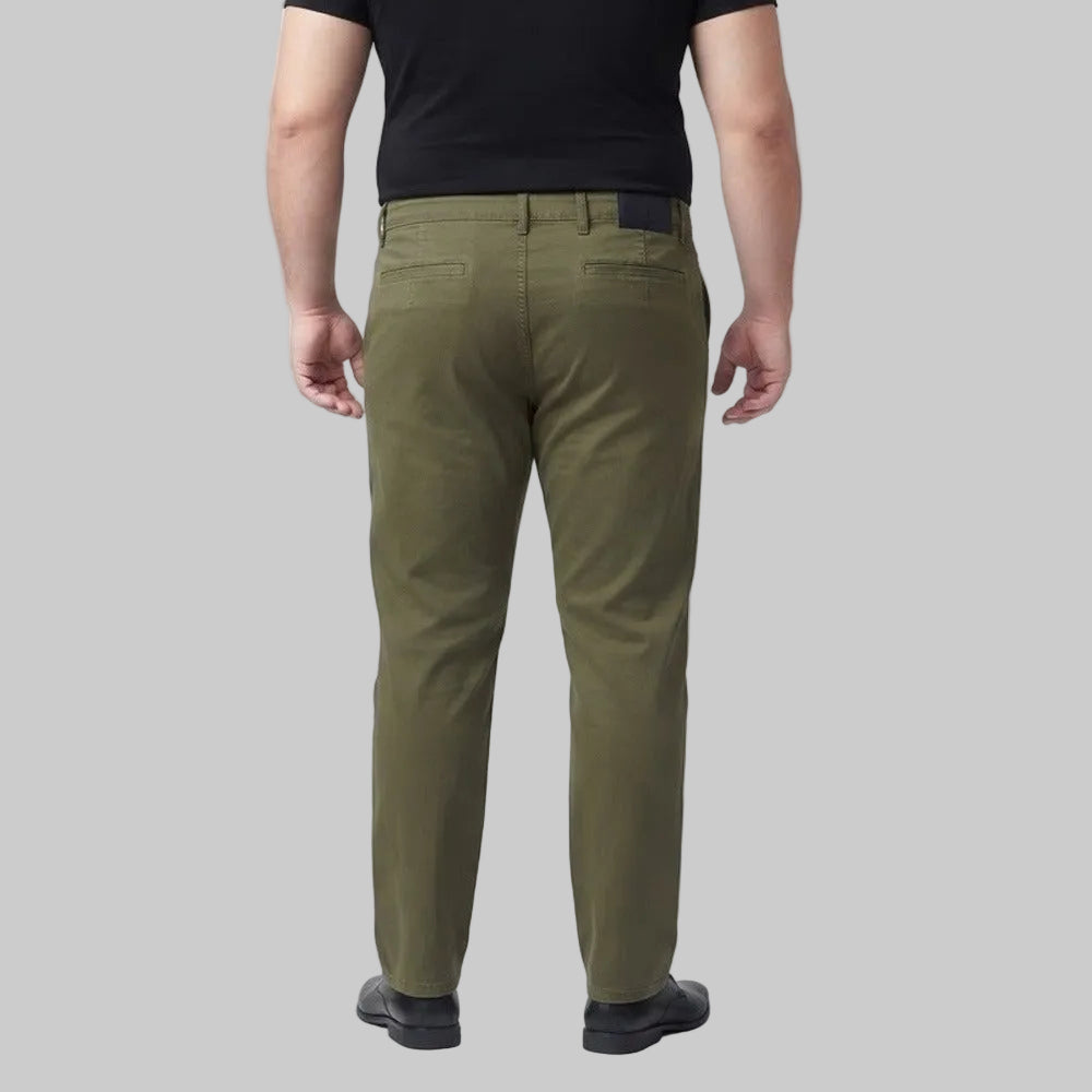 Olive green cotton  pants with multiple pockets and straight-leg fit