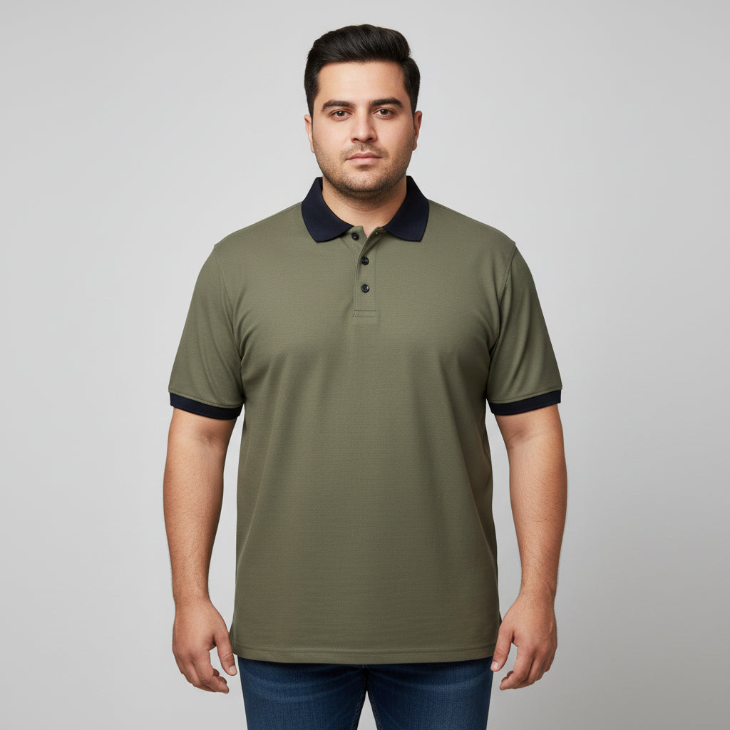 Alt Text: Men's olive green short-sleeve polo shirt featuring a contrast black collar and sleeve cuffs, laid flat on a light background.