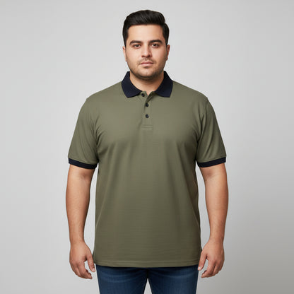 Alt Text: Men's olive green short-sleeve polo shirt featuring a contrast black collar and sleeve cuffs, laid flat on a light background.