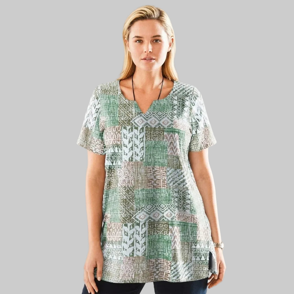 Olive green print patchwork knit tunic made from jersey cotton