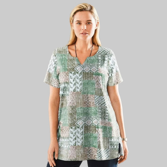 Olive green print patchwork knit tunic made from jersey cotton