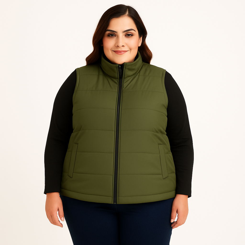 Plus size Pakistani female model wearingl sleeveless puffer vest with quilted padded panels and welt pockets – casual outerwear