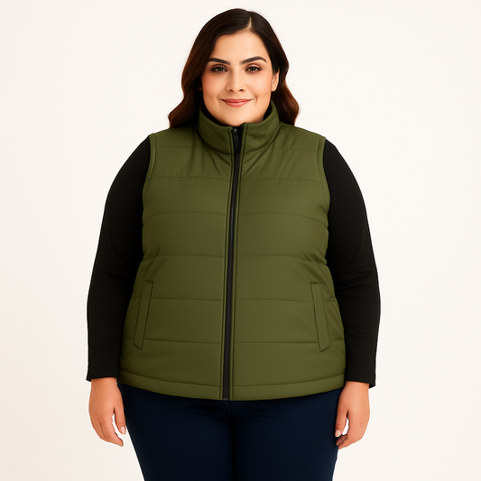 Plus size Pakistani female model wearingl sleeveless puffer vest with quilted padded panels and welt pockets – casual outerwear