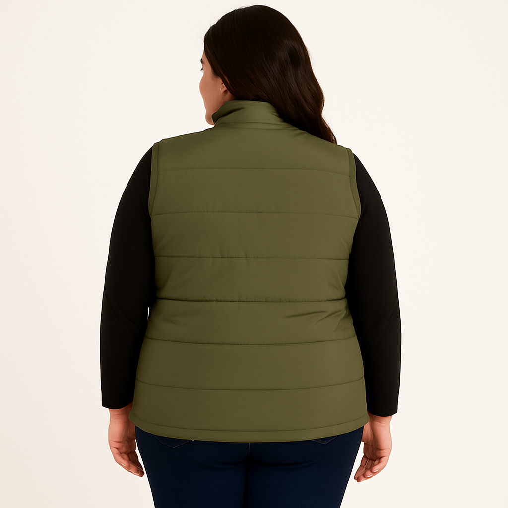 Plus size Pakistani female model wearing sleeveless puffer vest with quilted padded panels and welt pockets – casual outerwear