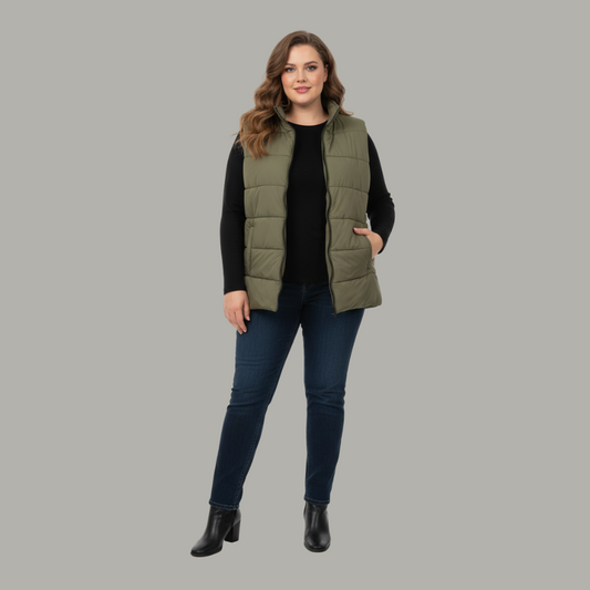 Olive Green Sleeveless Plus Size Women’s Puffer Jacket PSW-10068