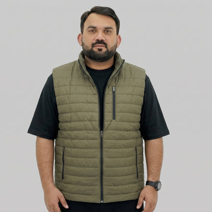 Olive Green Polyester Sleeveless Quilted Puffer Vest for Men, Sizes 2XL to 6XL