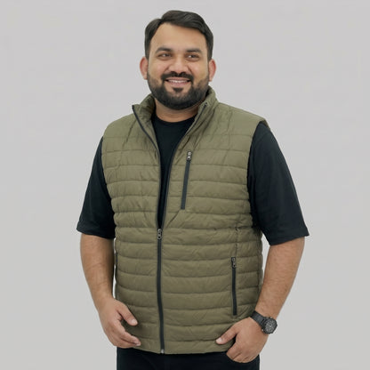 Olive Green Polyester Sleeveless Quilted Puffer Vest for Men, Sizes 2XL to 6XL