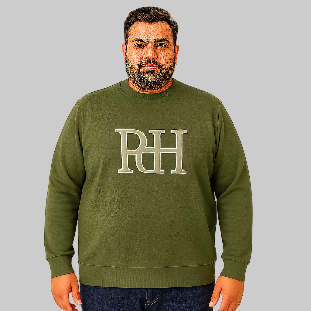 Olive Green Terry Crewneck Sweatshirt for men with ribbed cuffs and hem — soft cotton-blend casual pullover.