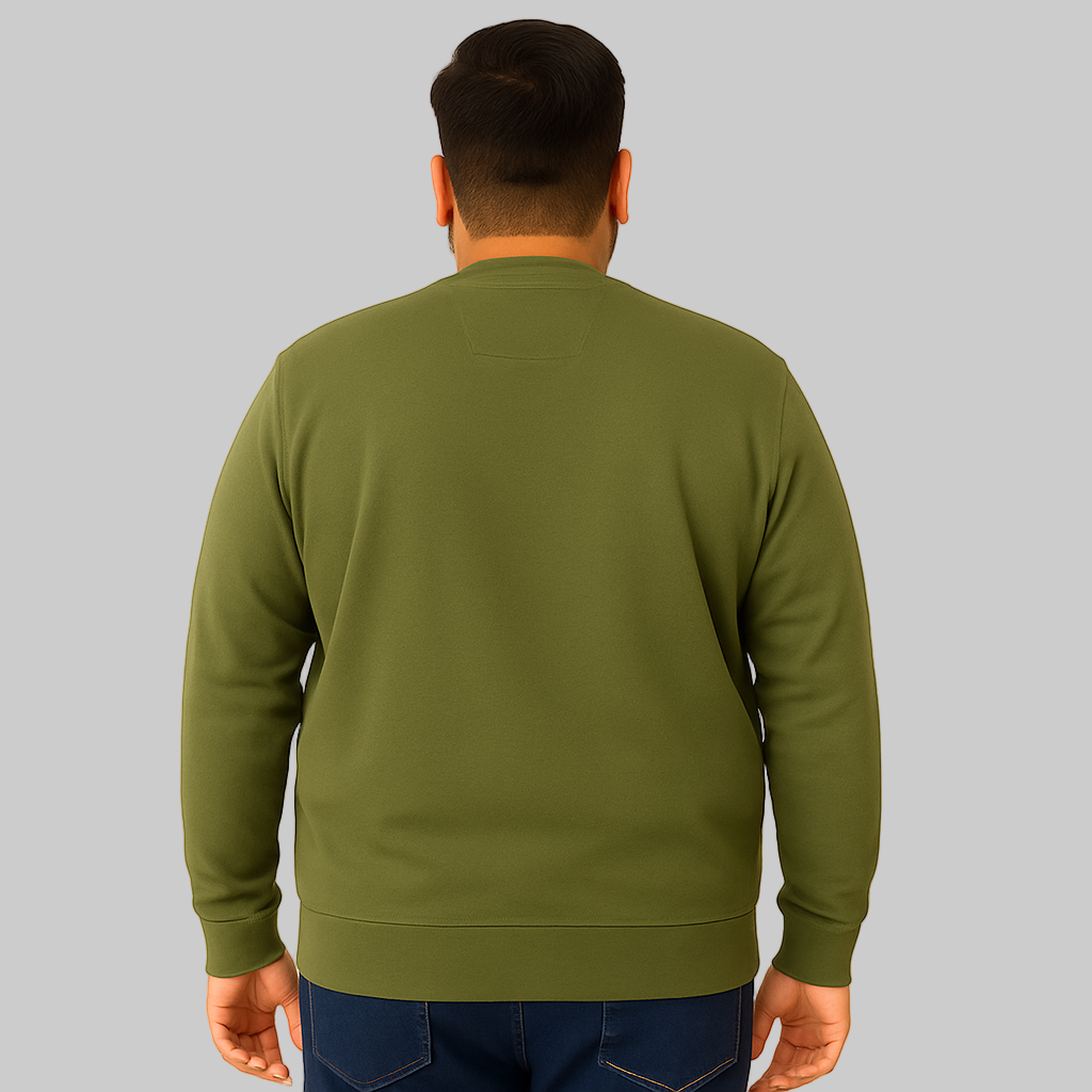 Olive Green Terry Crewneck Sweatshirt for men with ribbed cuffs and hem — soft cotton-blend casual pullover.