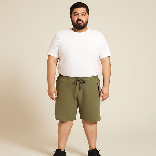 Olive Green Terry Knit Plus Size Shorts – Back View with Pocket and Elastic Waist