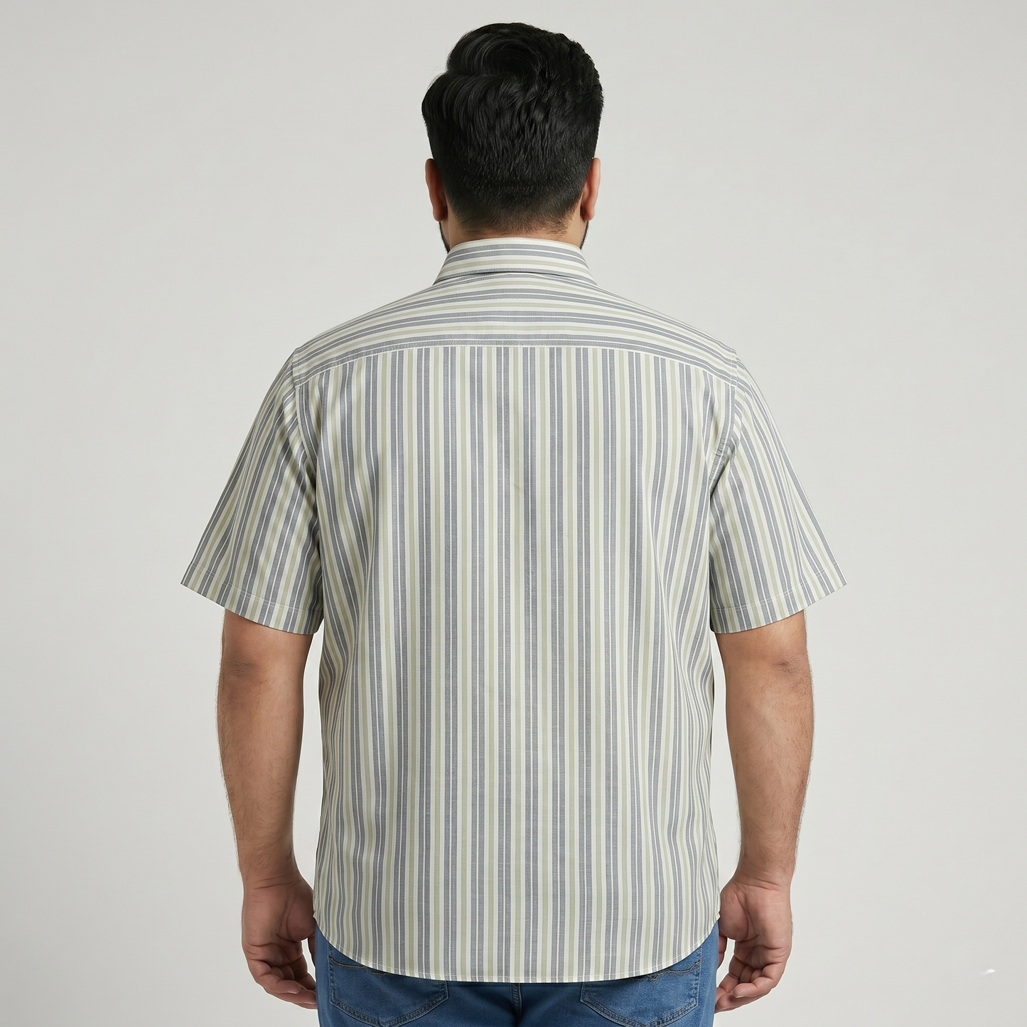 Olive Grey Vertical Stripe Half Sleeve Casual Shirt PSM-11162
