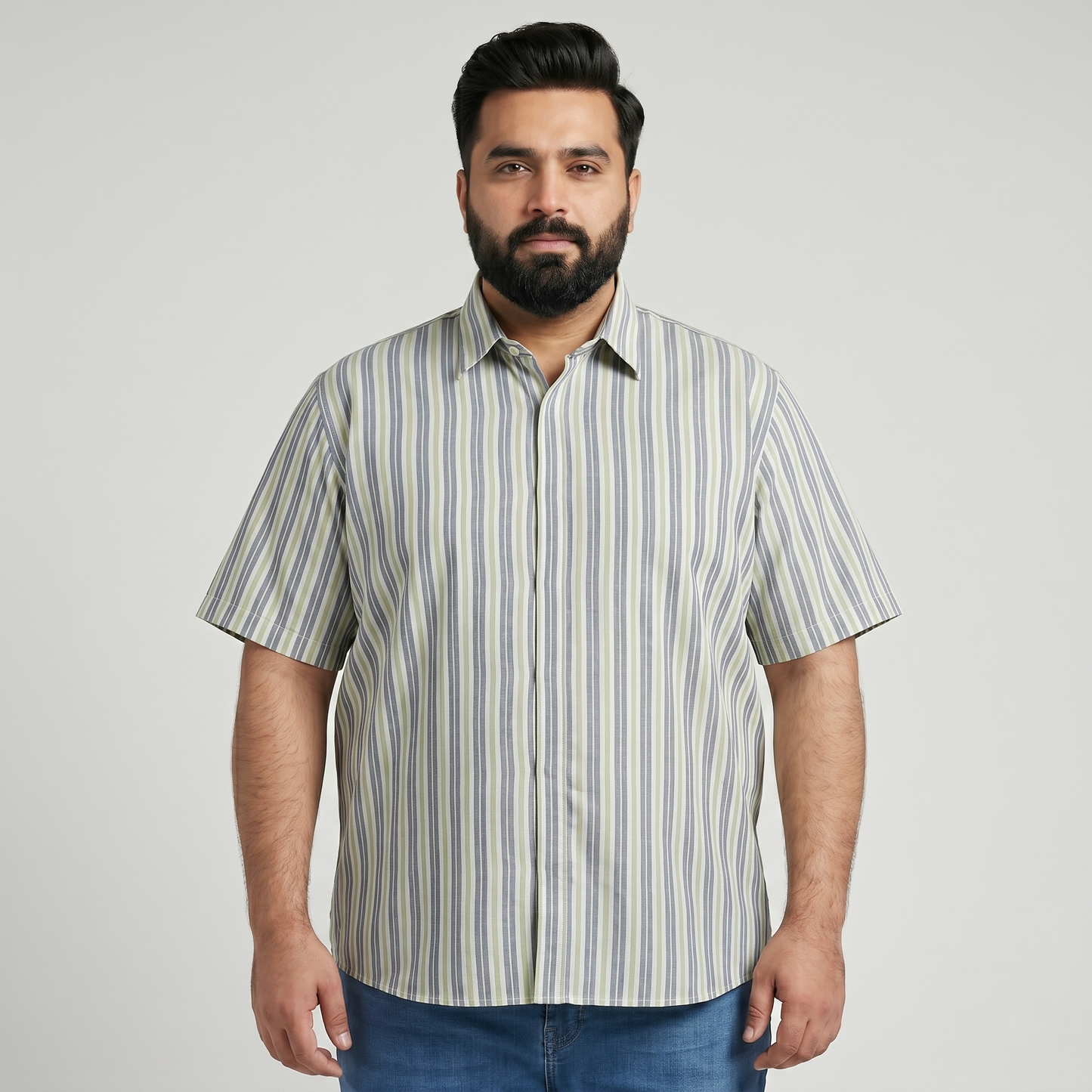 Olive Grey Vertical Stripe Half Sleeve Casual Shirt PSM-11162