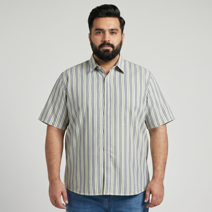 Olive Grey Vertical Stripe Half Sleeve Casual Shirt PSM-11162