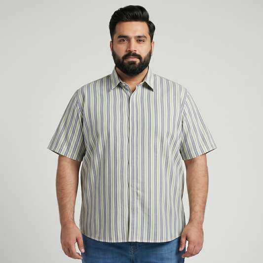 Olive Grey Vertical Stripe Half Sleeve Casual Shirt PSM-11162