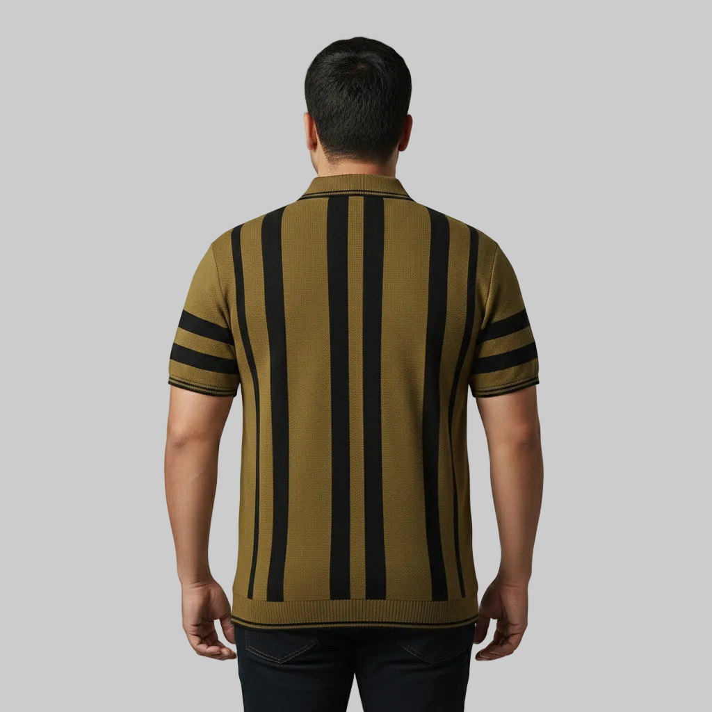 Olive mustard and black vertical stripe polo shirt worn by a male model, featuring a classic collar and short sleeves on a studio background