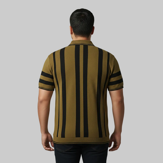 Olive mustard and black vertical stripe polo shirt worn by a male model, featuring a classic collar and short sleeves on a studio background