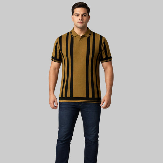 Olive mustard and black vertical stripe polo shirt worn by a male model, featuring a classic collar and short sleeves on a studio background