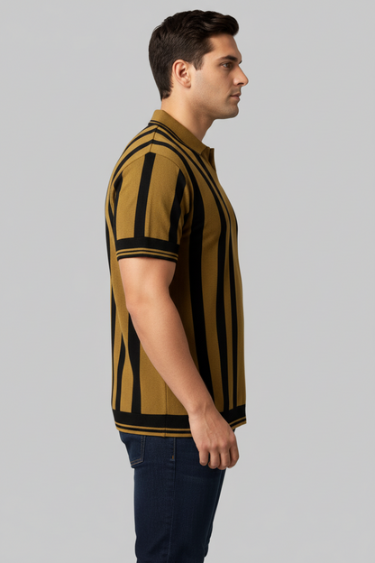 Olive Mustard & Black Vertical Stripe Polo T-Shirt PSM-10666