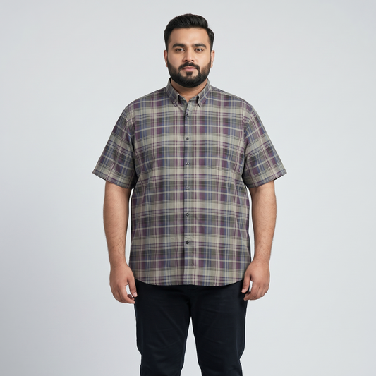 Olive & Purple Plaid Half Sleeve Casual Shirt PSM-11193