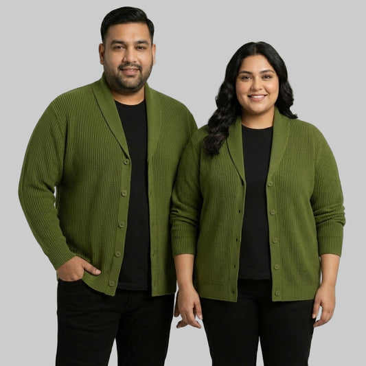 Olive Ribbed Shawl Collar Cardigan Unisex Sweater PSM-10392