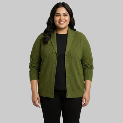 Olive Ribbed Shawl Collar Cardigan Unisex Sweater PSM-10392