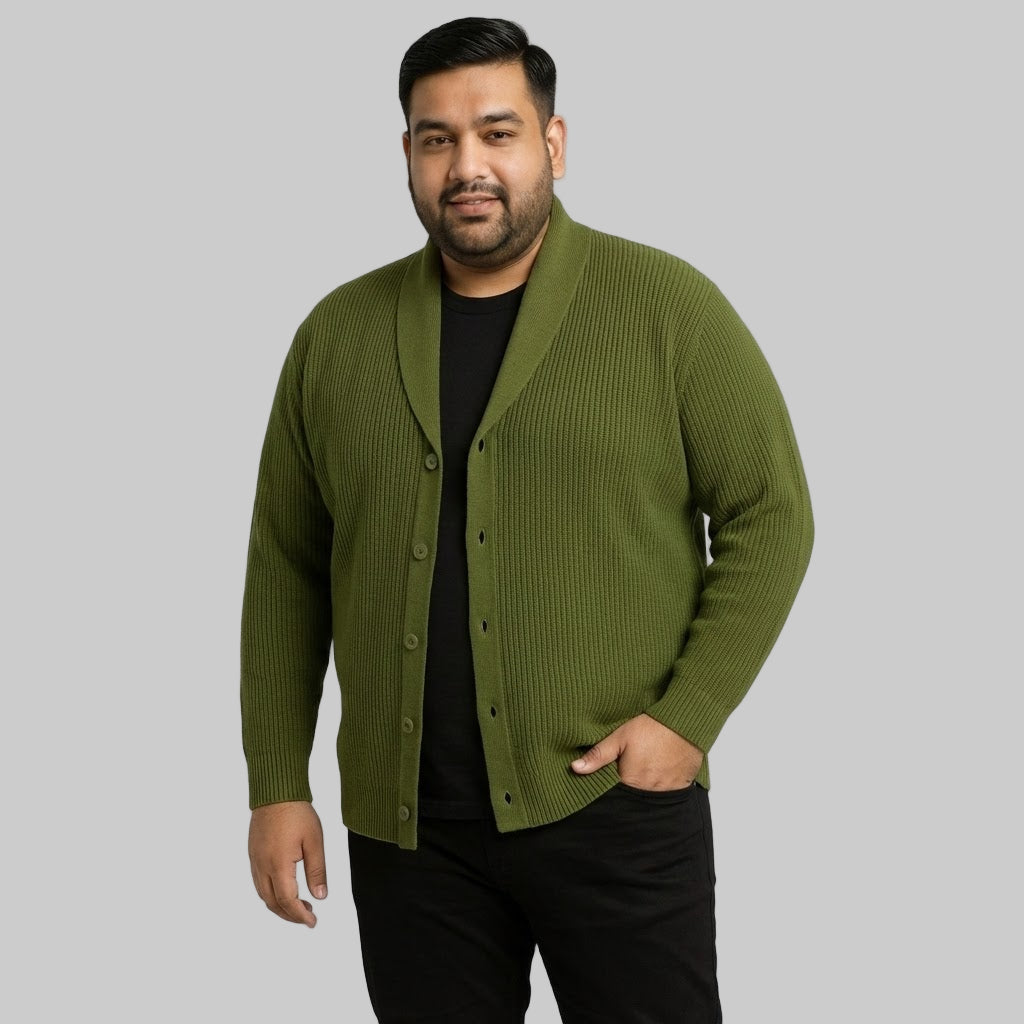 Olive Ribbed Shawl Collar Cardigan Unisex Sweater PSM-10392