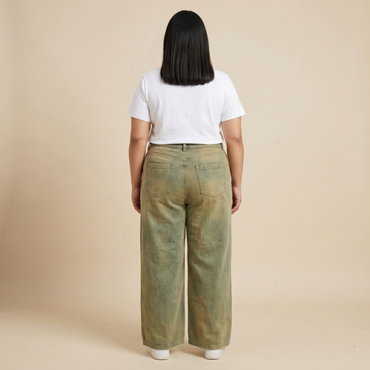 Olive Washed Panel Wide-Leg Denim Pants PSW-11086