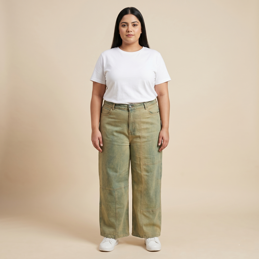 Olive Washed Panel Wide-Leg Denim Pants PSW-11086