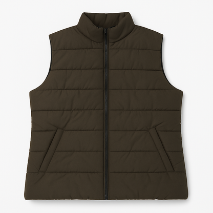 Olive Zip-Front Sleeveless Puffer Jacket for Plus Size Women
