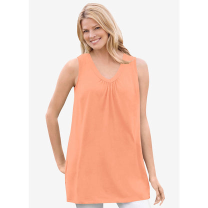 Orange Melon Perfect Short-Sleeve Shirred V-Neck Tunic PSW-7975