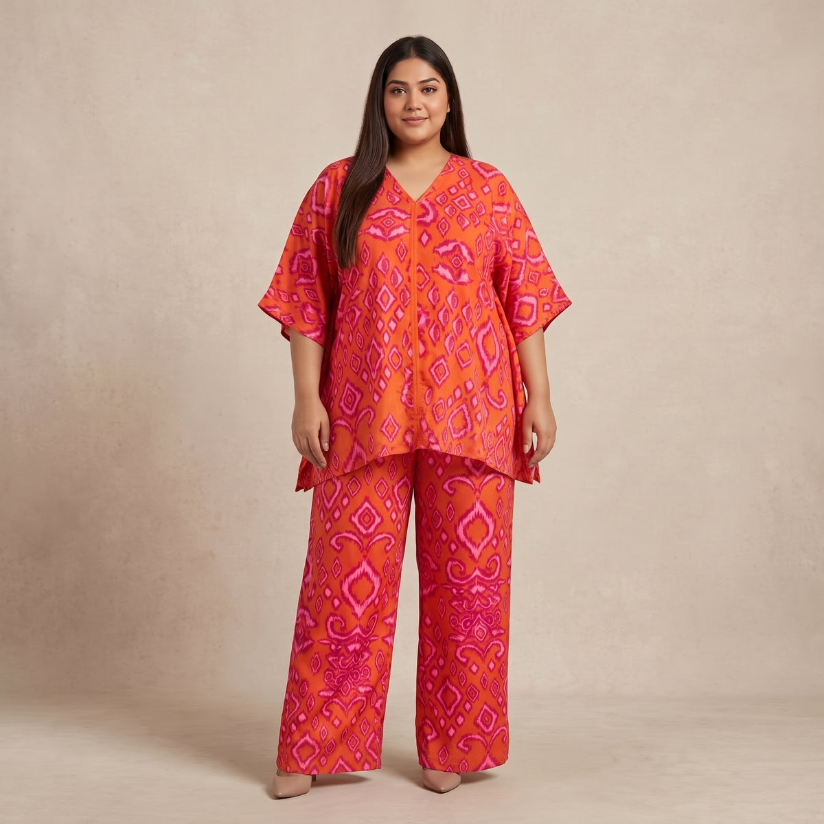 Orange Floral Print Micro Co-Ord Set for Women in lightweight microfiber polyester fabric