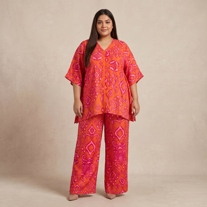 Orange Floral Print Micro Co-Ord Set for Women in lightweight microfiber polyester fabric