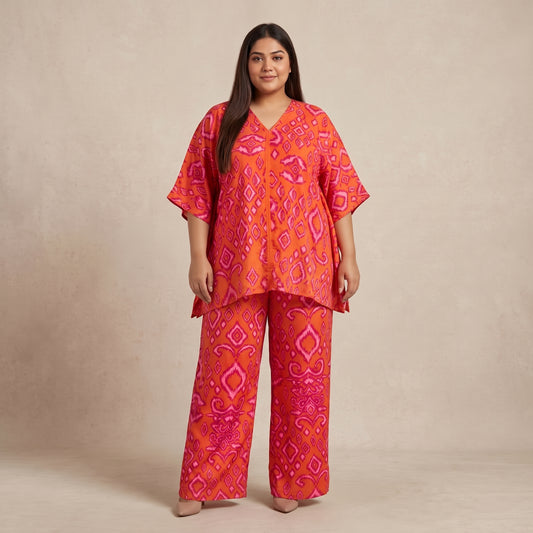 Orange Floral Print Micro Co-Ord Set for Women in lightweight microfiber polyester fabric