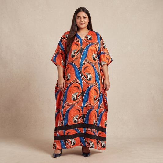 Orange and blue abstract swirl print maxi kaftan in lightweight polyester with a colorful pattern and flowing silhouette.