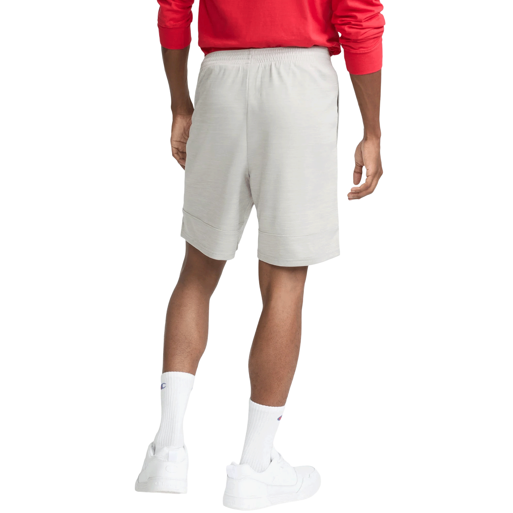 Oxford grey polyester moisture-wicking sport shorts with elastic waistband and side pockets