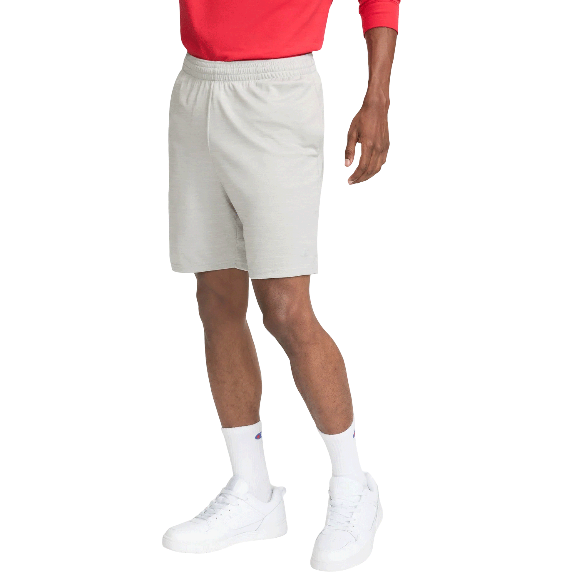 Oxford grey polyester moisture-wicking sport shorts with elastic waistband and side pockets