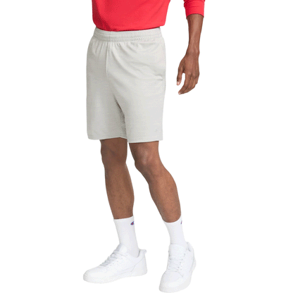 Oxford grey polyester moisture-wicking sport shorts with elastic waistband and side pockets