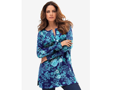 Paisley Roses Plus Size Women Henley Thermal Tunic PSW-5708