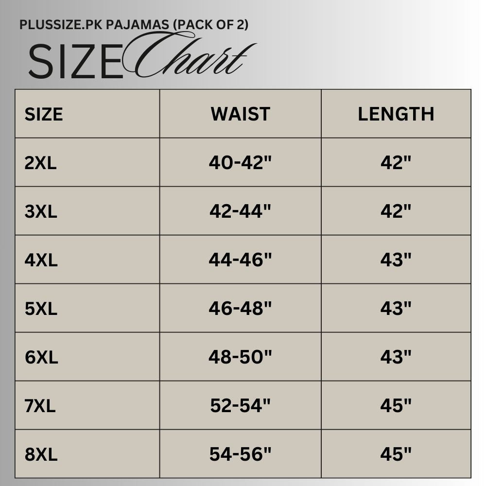 Size chart for Plus Size 100% Cotton Pajamas (Pack of 2) PSM-1019