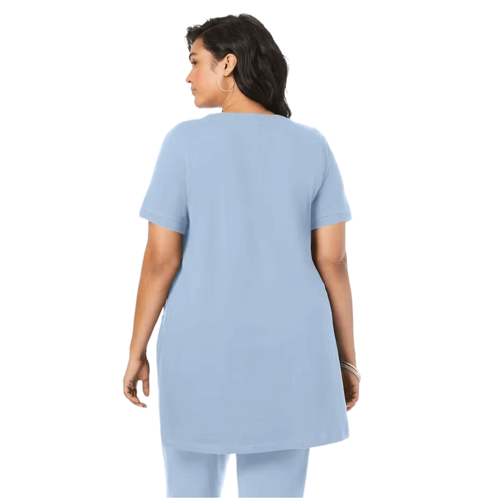 Pale Blue Two Pocket Soft Knit Tunic with short sleeves, scoop neckline, and a relaxed fit for everyday comfort and style.