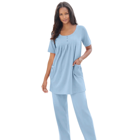 Pale Blue Two Pocket Soft Knit Tunic with short sleeves, scoop neckline, and a relaxed fit for everyday comfort and style.