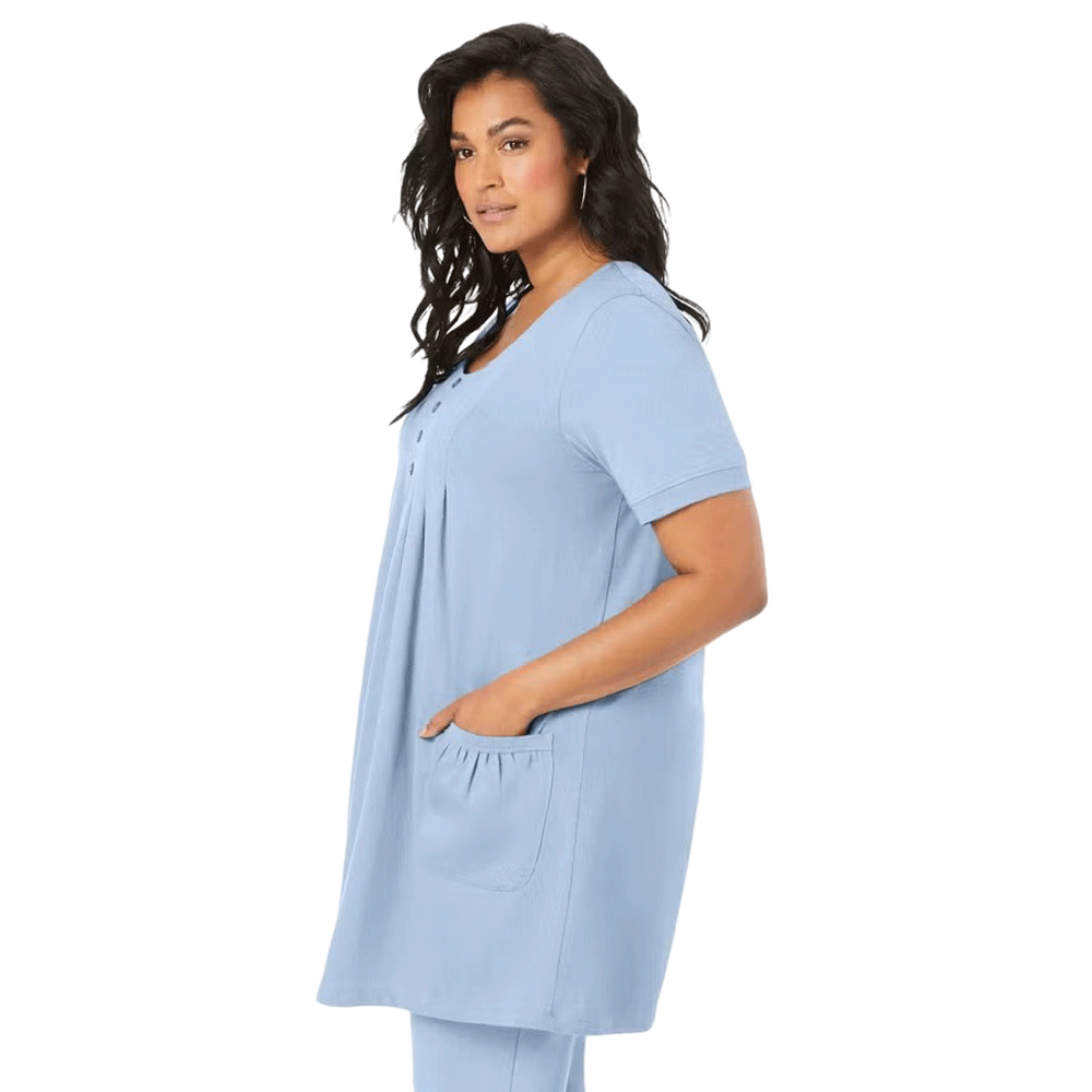 Pale Blue Two Pocket Soft Knit Tunic with short sleeves, scoop neckline, and a relaxed fit for everyday comfort and style.