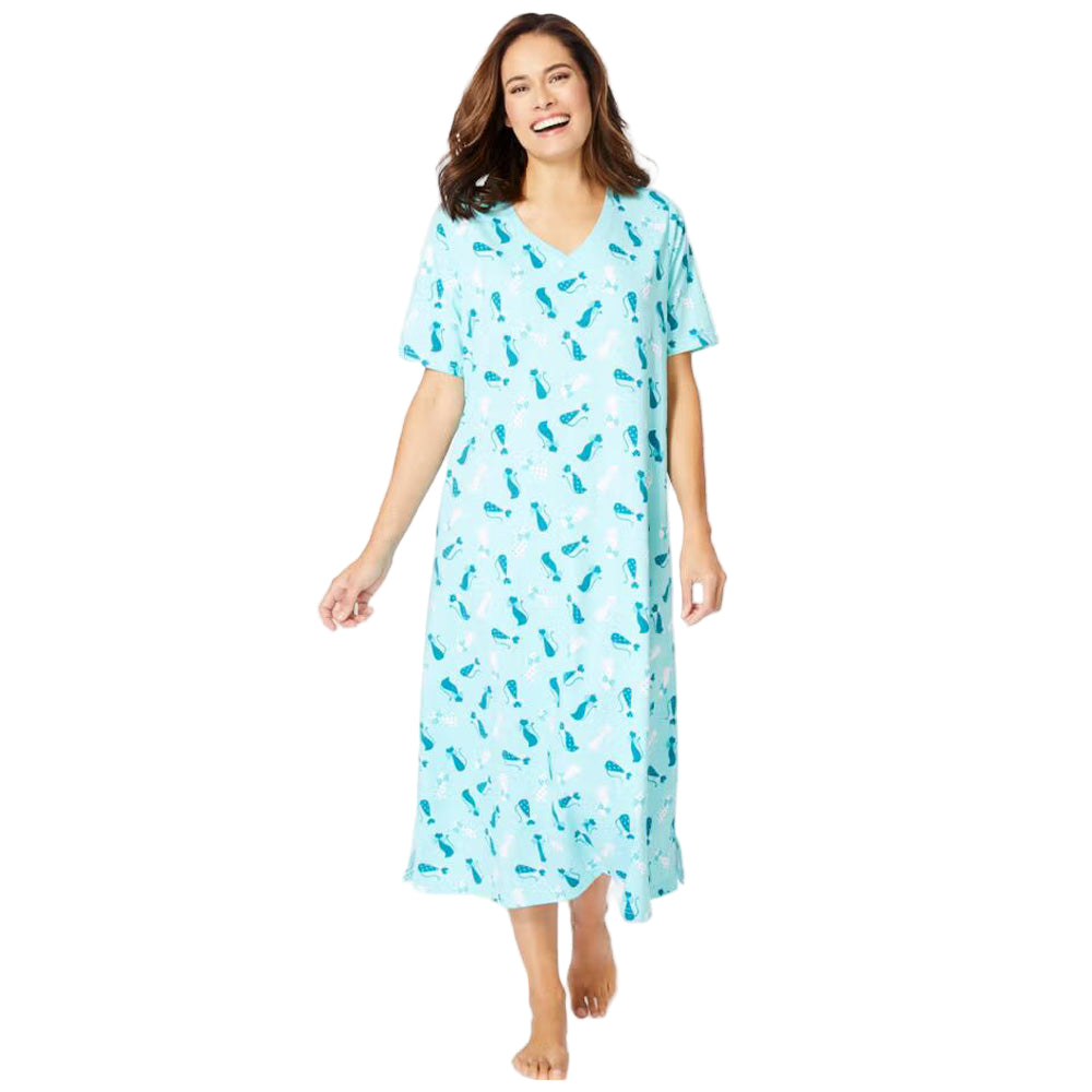 Pale ocean long print sleepshirt in soft cotton with playful print, ribbed V-neck, short sleeves, A-line silhouette, side slits, and 46" length.