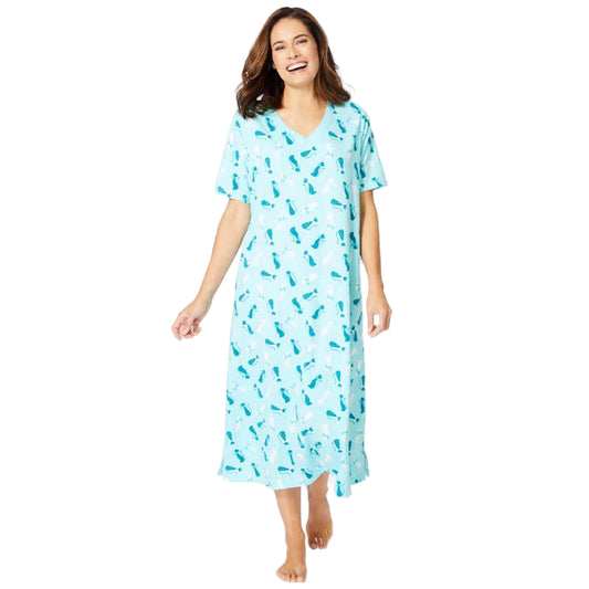 Pale ocean long print sleepshirt in soft cotton with playful print, ribbed V-neck, short sleeves, A-line silhouette, side slits, and 46" length.
