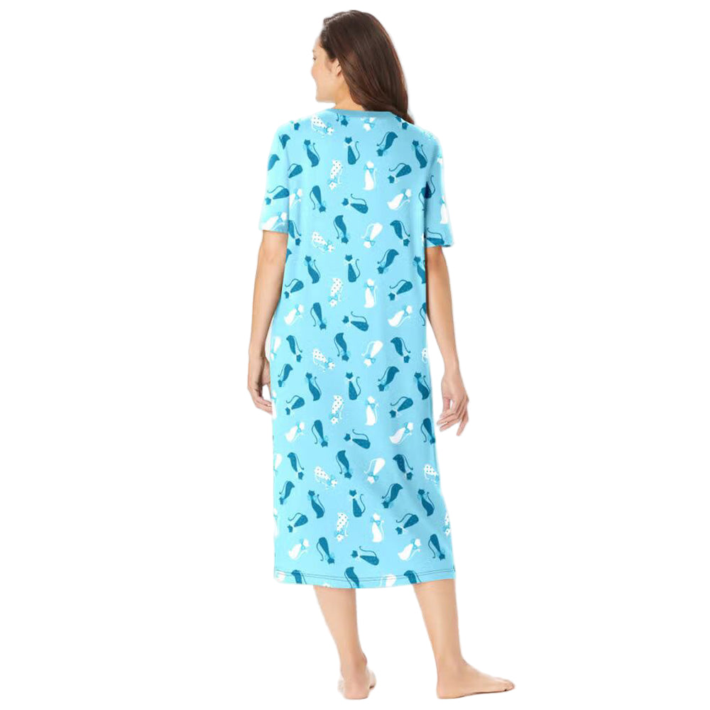 Pale ocean long print sleepshirt in soft cotton with playful print, ribbed V-neck, short sleeves, A-line silhouette, side slits, and 46" length.