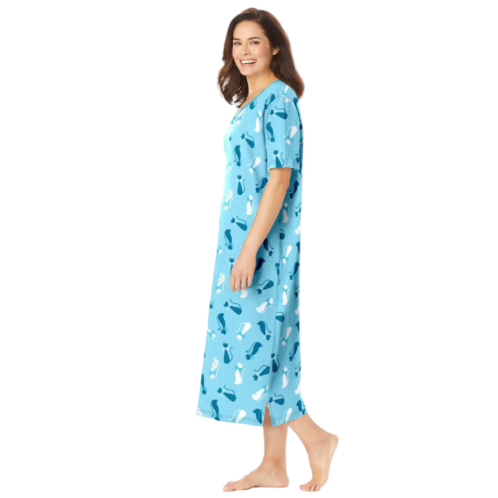 Pale ocean long print sleepshirt in soft cotton with playful print, ribbed V-neck, short sleeves, A-line silhouette, side slits, and 46" length.
