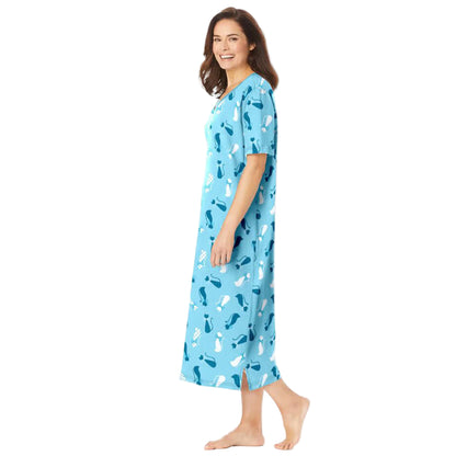 Pale ocean long print sleepshirt in soft cotton with playful print, ribbed V-neck, short sleeves, A-line silhouette, side slits, and 46" length.