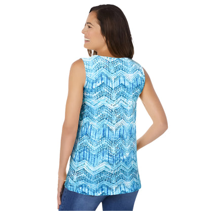 Woman wearing Paradise Blue swing tunic with square neckline, front pleats, and side pockets

