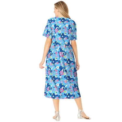 Woman wearing Paradise Blue floral garden print button-front dress with gathered waist

