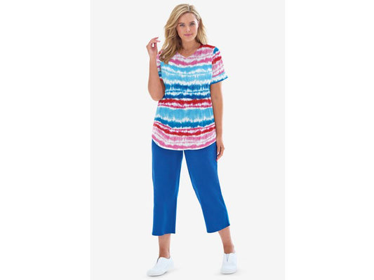 Paradise Blue Multi Tie-dye Stripe Two Piece V-Neck Tunic & Capri Set PSW-7440